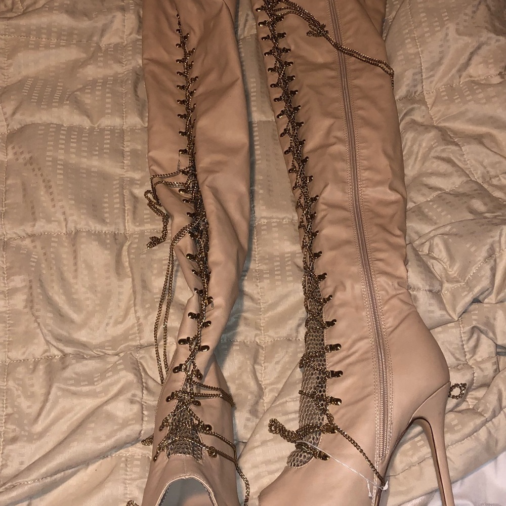 Gold lace up knee high boots
